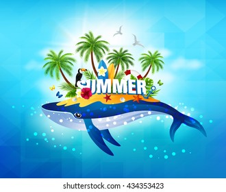 Fun tropical travel banner. Summer text standing on island on the back of whale. Vector background with blue sky, palm trees, surf boards, jungle leaves and flowers.