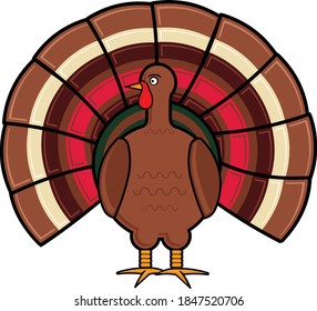 Fun turkey cartoon style illustration with feathers fanned out in multiple colors. Illustrator eps vector graphic design.