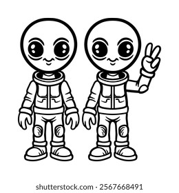 fun twin alien in suit with peace hand cartoon isolated drawing line art style sketch classic vintage design illustration