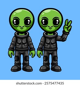 fun twin alien in suit with peace hand colored cartoon isolated drawing line art style sketch classic vintage design illustration