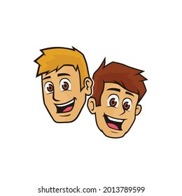 Fun of twin brother boy or man symbol logo cartoon style line art illustration design vector