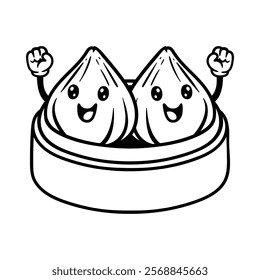 fun twin dim sum dumpling cartoon character isolated drawing line art style sketch classic vintage design illustration