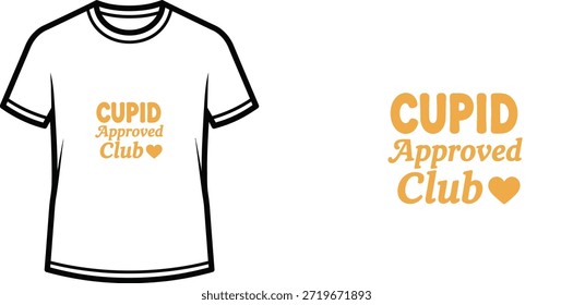 Ein lustiges Typografie-T-Shirt-Design mit der Nachricht "CUPID Approved Club" in einer Mischung aus fetten Großbuchstaben und Skript-Schriftarten. Das Design enthält eine kleine Herzgrafik, perfekt für den Valentinstag, Paare oder jeden, der Liebe feiert. Geeignet für Merchandise- und Print-on-Demand-Projekte.