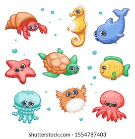 Fun underwater sea or ocean animals - fishes, tortoise and octopus set of flat cartoon vector illustration isolated on white background. For prints on marine topic.