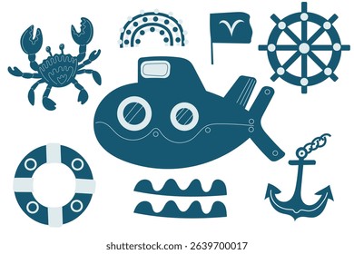 Fun underwater themed illustrations featuring a submarine, maritime symbols, and sea creatures in a colorful design. Vector