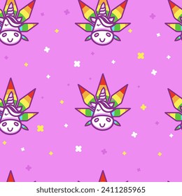 Unicornio divertido con hoja de cannabis arco iris patrón psicodélico sin fisuras en fondo rosa brillante