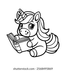 fun unicorn reading a book cartoon character isolated drawing line art style sketch classic vintage design illustration