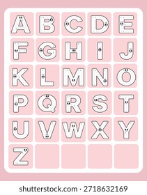 Una divertida hoja de trabajo de trazado del alfabeto en mayúsculas diseñada para los primeros alumnos. Cada carta incluye guías de trazo claras y caras de personajes amigables para ayudar a los niños a practicar el orden correcto de escritura de una manera atractiva y educativa.