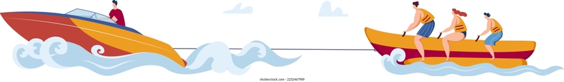Fun vacation at summer sea, leisure at ocean water, vector illustration. People ride banana, man woman at recreation beach activity.