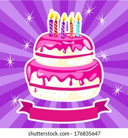 Fun vanilla birthday cake with pink icing over purple sunburst