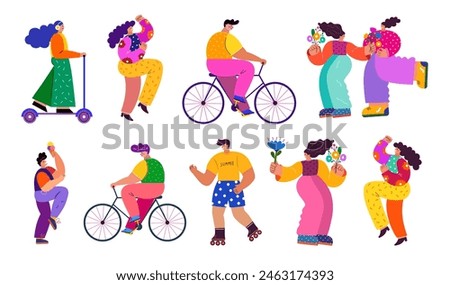 Fun vector active happy people. Big summer set with people. Happy people dance, rejoice, walk, rollerblade, bike, scooter.