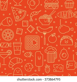 Fun vector background with line icons of different restaurant and fast  food like coffee, pizza, burger, beer, pasta  and ice cream. Bright orange and red seamless pattern