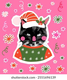 Fun vector black cat halftone collage with Santa hat and ugly Christmas sweater on hot pink background with stars and snowflakes for holiday designs, brochures, flyers and cards
