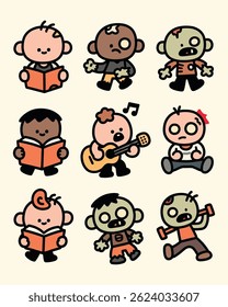 A fun vector bundle of cute zombie characters, perfect for Halloween-themed designs, stickers, posters, and more. High-quality, scalable artwork with vibrant colors and charming details.
