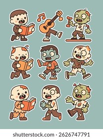 A fun vector bundle of cute zombie characters, perfect for Halloween-themed designs, stickers, posters, and more. High-quality, scalable artwork with vibrant colors and charming details.