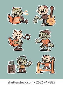 Um divertido pacote vetorial de personagens zumbis fofos, perfeito para projetos com tema de Halloween, adesivos, cartazes e muito mais. Trabalho artístico escalável e de alta qualidade com cores vibrantes e detalhes encantadores.
