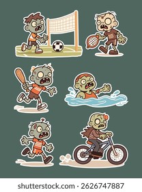 Um divertido pacote vetorial de personagens zumbis fofos, perfeito para projetos com tema de Halloween, adesivos, cartazes e muito mais. Trabalho artístico escalável e de alta qualidade com cores vibrantes e detalhes encantadores.