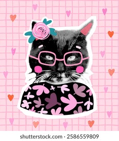 Fun vector cat half tone collage greeting card, cute girl kitty with floral clothes, pink eyeglasses and a flower for pet shop package design, pet food