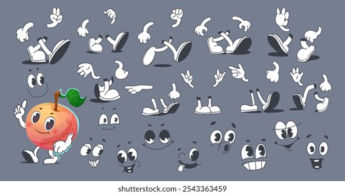 Fun vector character creation kit featuring a character with various expressive eyes, mouths, hands, and feet in different poses. Perfect for creating unique, playful character designs