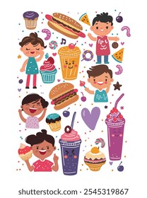 Fun vector collection of favorite treats – characters with joyful expressions enjoying milkshakes, candy, and hot dogs