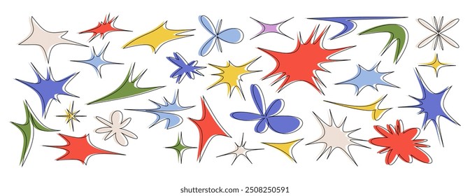 Una divertida colección de Vector de Formas de esteladas, manchas cómicas, explosiones de auge y burbujas de discurso. Presenta formas de explosión, figuras de salpicaduras y rayos de explosión perfectos para pegatinas y proyectos creativos
