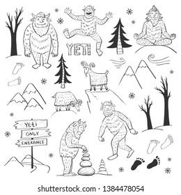 Fun vector collection with yeti and mountains. Isolated hand drawings on white background