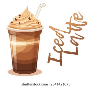 Fun vector design of cool iced coffee latte with creamy whipped topping for retro-themed beverage poster or cafe menu. Cartoon icon isolated on white background with happy and refreshing mood. 