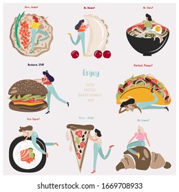 Fun vector gastronomic set with world dishes and girls