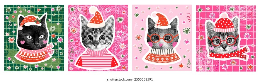 Fun vector greeting cards, banners, posters with cute and funny cats with ugly Christmas sweaters and Santa Claus hats