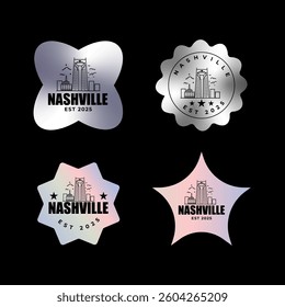 Fun vector holographic label design of Nashville city silhouette suitable for stickers or prints