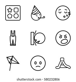fun vector icons. Set of 9 fun outline icons such as from toy for beach, kite, gardener jumpsuit, waterslide, sad emot