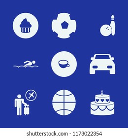 fun vector icons set. with swimming, cake, cupcake and football ball in set