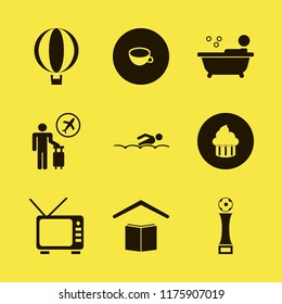 fun vector icons set. with tourist flying, football cup, school and balloon in set