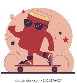 A fun, vector illustration of a cartoon soda can character skateboarding while wearing sunglasses. Perfect for branding, advertising, or any project needing a playful, energetic vibe.