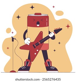 A fun, vector illustration of a cartoon soda can character playing an electric guitar. Perfect for beverage branding, music-related projects, 