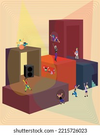 Fun vector illustration of a concert, set in a weird stage made of several geometric platforms. 