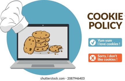 Fun vector illustration of cookies on websites. A laptop displays cookies. Buttons accept or decline the cookie policy svg