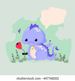 Fun vector illustration of a cute dinosaur with a flower. Suitable for children s cards.