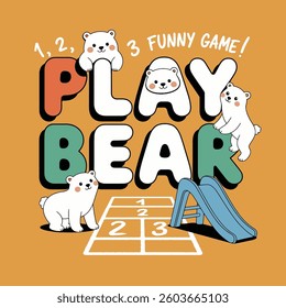 A fun vector illustration of cute polar bears playing on a slide and hopscotch. Perfect for kids' products, apparel, posters, and nursery art. Available in EPS and high-resolution JPEG.