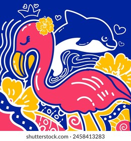 diseño de Ilustración vectorial divertido con carácter de pájaro flamenco