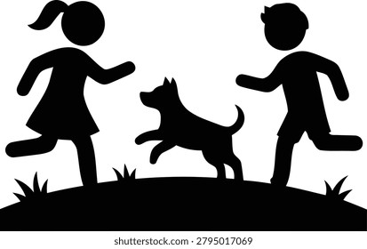 A fun vector illustration design shows children and a dog running happily together outdoors on the grass.