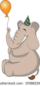 Fun vector illustration of an elephant holding a yellow balloon with it's trunk and wearing a party hat.
