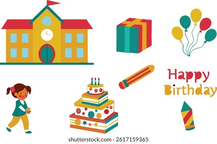 Fun vector illustration featuring school building, birthday cake, gift box, balloons, crayons, and happy child—perfect for school birthday card designs on white background.
