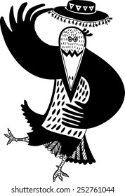 Fun vector illustration. Hand drawn crow with sombrero. 