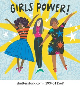 Fun Vector Illustration of happy women. Girl Power illustration. Diversity illustration.