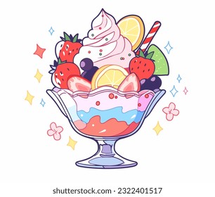 Una divertida ilustración vectorial de un helado sundae con frutas sonrientes como ingredientes