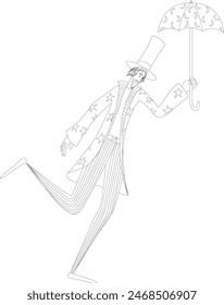 Fun vector illustration of the outline of a man with a top hat and a coat with stars holding an umbrella. Great for coloring.