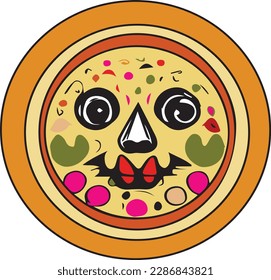A fun vector illustration of a pizza with a face, perfect for use in food-related designs and advertising