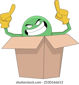 Una divertida Ilustración vectorial de un personaje emoji juguetón con una sonrisa traviesa, saliendo de una caja y apuntando ambos dedos hacia arriba.