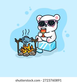 Una divertida Ilustración vectorial de un oso polar relajado con gafas de sol, sentado cómodamente en un cubo de hielo mientras sostiene una lata de pescado y espera pescado a la parrilla.